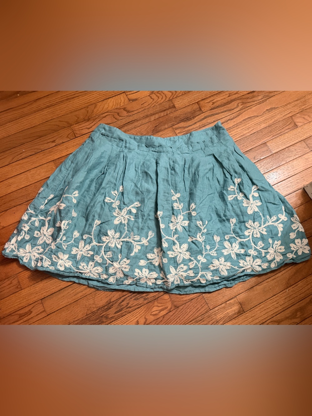 Talbots linen Teal Skater Skirt with White Floral Embroidery